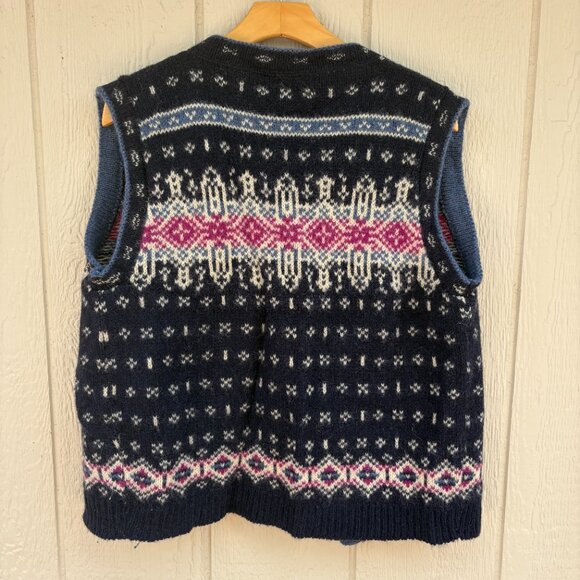 Vintage L.L. Bean Wool Vest Women's Medium Blue Fair Isle Cottagecore Winter USA - Picture 5 of 8